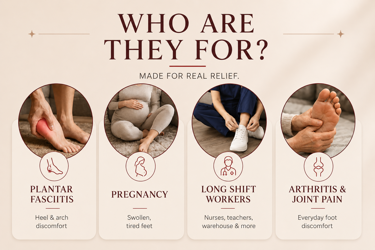 Who are they for — plantar fasciitis, pregnancy, long shift workers, arthritis and joint pain