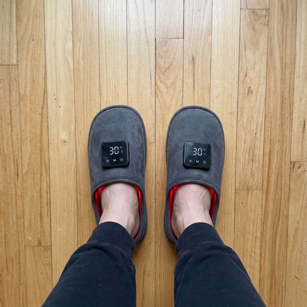Looking down at the red light slippers while standing on a wood floor